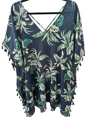 Navy Tropical Leaf V-Neck Swim Coverup with Tassel Trim